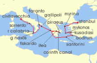 Cruise itinerary map for Windstar Cruises 16 Night Star Collector: Wonders of Southern Italy, Greece & T&uuml;rkiye via the Corinth Canal (139797)