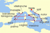 Cruise itinerary map for Cunard Line 21 Night Adriatic And Western Mediterranean (124322)