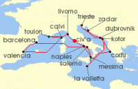 Cruise itinerary map for Cunard Line 21 Night Adriatic And Western Mediterranean (118577)