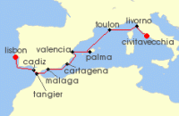 Cruise itinerary map for Silversea Cruises 12 Night Civitavecchia (Rome) To Lisbon (140788)