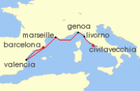 Cruise itinerary map for Silversea Cruises 7 Night Civitavecchia (Rome) To Barcelona (131876)