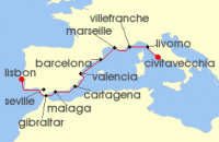 Cruise itinerary map for Azamara Cruises 15 Night Cruise Italy, France & Spain Cruise: Rome, Barcelona & Seville (140547)