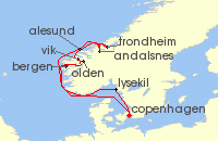 Cruise itinerary map for Silversea Cruises 10 Night Copenhagen To Copenhagen (140749)