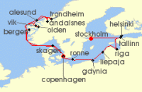 Cruise itinerary map for Silversea Cruises 17 Night Copenhagen To Stockholm (133542)