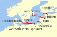 Cruise itinerary map for Norwegian Cruise Line 9 Night Baltic From Copenhagen To Helsinki: Germany & Sweden (136936)