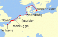 Cruise itinerary map for Norwegian Cruise Line 7 Night Europe from Copenhagen to Paris: Belgium, Germany & England (138607)