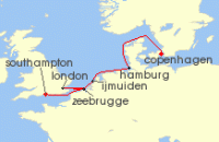 Cruise itinerary map for Norwegian Cruise Line 7 Night Europe from Copenhagen to London: Belgium, Germany & England (127525)