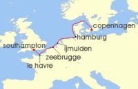 Cruise itinerary map for Norwegian Cruise Line 7 Night Europe From Copenhagen To London: France, Germany & Belgium (136921)
