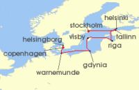 Cruise itinerary map for Oceania Cruises 10 Night Timeless Treasures Copenhagen to Stockholm (138171)