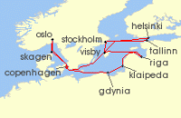 Cruise itinerary map for Princess Cruises 12 Night Norway, Denmark & Sweden (121642)