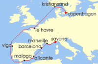 Cruise itinerary map for Costa Cruises 11 Night Mediterranean and North Europe from Copenhagen (132093)