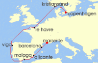 Cruise itinerary map for Costa Cruises 10 Night Mediterranean and North Europe from Copenhagen (132090)