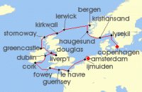 Cruise itinerary map for Crystal Cruises 18 Night Baltics & Northern Europe - Copenhagen To Amsterdam (133761)