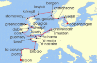 Cruise itinerary map for Crystal Cruises 29 Night Baltics & Northern Europe - Copenhagen To Lisbon (141375)
