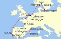 Cruise itinerary map for Regent Seven Seas Cruises 17 Night Northern Elegance, Southern Glamour Copenhagen To Barcelona (123573)