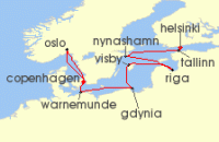 Cruise itinerary map for Norwegian Cruise Line 9 Night Baltic from Copenhagen to Helsinki: Germany, Norway & Sweden (138726)