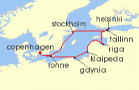 Cruise itinerary map for Silversea Cruises 10 Night Copenhagen To Copenhagen (139828)