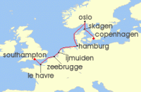 Cruise itinerary map for Norwegian Cruise Line 9 Night Europe From Copenhagen To London: France, Germany & Belgium (136932)
