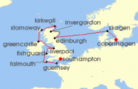 Cruise itinerary map for Silversea Cruises 12 Night Copenhagen To Southampton (140754)