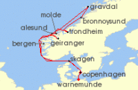 Cruise itinerary map for Explora Journeys 13 Night A Journey Through Norway’s Fjords & Lofoten Majesty (138908)