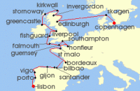 Cruise itinerary map for Silversea Cruises 25 Night Copenhagen To Lisbon (140747)