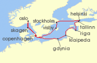 Cruise itinerary map for Princess Cruises 12 Night Norway, Denmark & Sweden (121644)