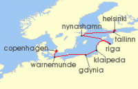 Cruise itinerary map for Norwegian Cruise Line 7 Night Baltic from Copenhagen to Helsinki: Germany, Sweden & Poland (124675)