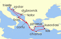 Cruise itinerary map for AIDA 14 Nacht Adria & Griechenland ab Korfu 1 (140646)