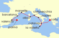 Cruise itinerary map for AIDA 12 Nacht Spanien, Italien & Malta ab Korfu (139256)