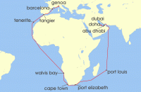 Cruise itinerary map for Costa Cruises 36 Night Ocean Cruises from Doha (136747)