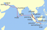 Cruise itinerary map for Regent Seven Seas Cruises 27 Night Minarets & Mandalas Doha To Bali (Benoa) (136106)