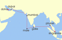 Cruise itinerary map for Regent Seven Seas Cruises 17 Night Desert Sands To Elephanta Caves Doha To Singapore (136105)