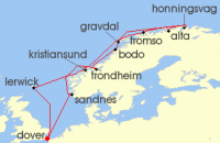 Cruise itinerary map for Saga Cruises 17 Night Norway and the Midnight Sun (132634)