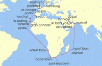 Cruise itinerary map for AIDA 54 Nacht Weltenbummler Orient, Sudafrika & Mauritius (134954)