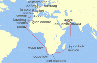 Cruise itinerary map for AIDA 48 Nacht Weltenbummler Sudafrika & Mauritius (134948)