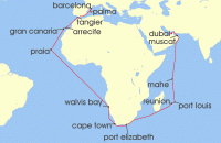 Cruise itinerary map for TUI Cruises 40 Nachte - Weltentdecker-Route - Ab Dubai/Bis Palma (134512)