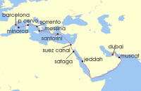Cruise itinerary map for Oceania Cruises 20 Night Sunny Sands & Chic Strands Dubai to Barcelona (120537)