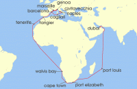 Cruise itinerary map for Costa Cruises 40 Night Ocean Cruises from Dubai (136782)