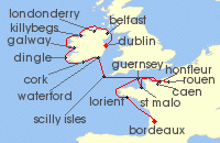 Cruise itinerary map for Windstar Cruises 18 Night Star Collector: Irish Stout to Bordeaux Wine: A Tour of Ireland & France (138472)