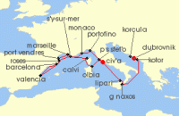 Cruise itinerary map for Seabourn 21 Night Mediterranean Mosaic: Croatia, Italy, France & Spain (137165)