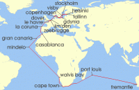 Cruise itinerary map for Princess Cruises 47 Night World Cruise - Perth to London (130263)