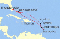 Cruise itinerary map for Princess Cruises 10 Night Southern Caribbean with Martinique Holiday (117109)