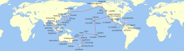 Cruise itinerary map for Princess Cruises 131 Night Circle Pacific - Ft. Lauderdale to Los Angeles (133309)