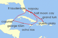 Cruise itinerary map for Holland America Line 14 Night Western & Eastern Caribbean: Mexico & Bahamas (132821)