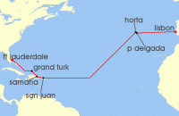 Cruise itinerary map for Crystal Cruises 14 Night Transoceanic - Fort Lauderdale To Lisbon (142277)