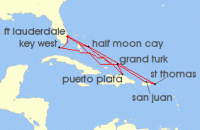 Cruise itinerary map for Holland America Line 14 Night Eastern Caribbean: Bahamas & San Juan Holiday (100160)