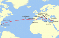 Cruise itinerary map for Princess Cruises 36 Night Mediterranean & Aegean Grand Adventure (135283)