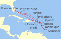 Cruise itinerary map for Princess Cruises 20 Night Caribbean Explorer (117113)