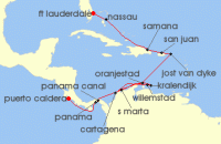 Cruise itinerary map for Crystal Cruises 19 Night The Americas & Caribbean - Fort Lauderdale To Puerto Caldera San José (140454)