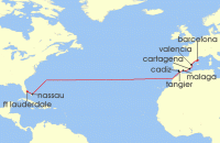 Cruise itinerary map for Royal Caribbean Cruises 15 Night Spain & Morocco Transatlantic (140391)